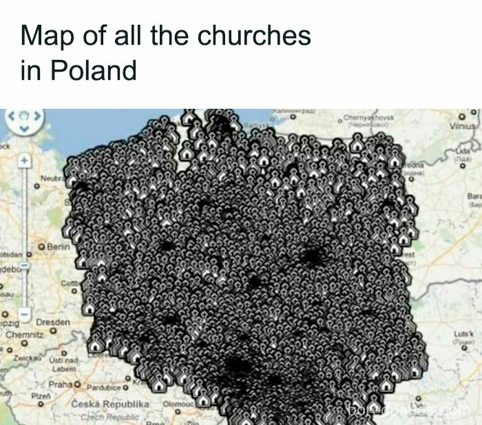 Map of Poland filled with church icons for a Polish memes page.