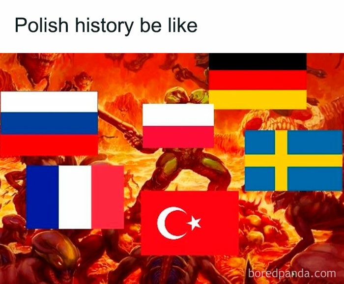 Polish memes humorously depicting historical tensions with flags of various countries.