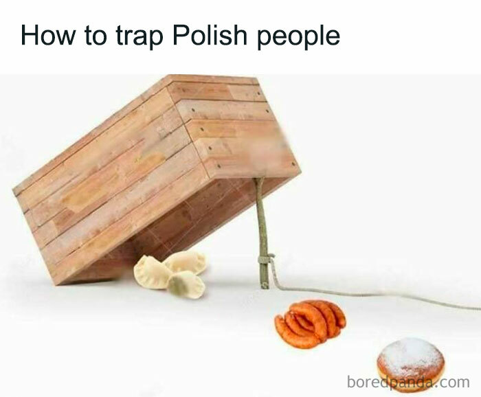 Trap setup with Polish food items like pierogi, kielbasa, and a donut under a wooden box.