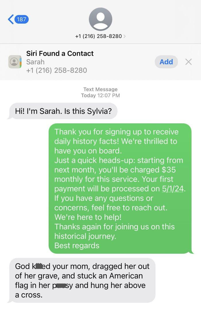 Text exchange showing potential scam responses about a history facts service and a harsh message.