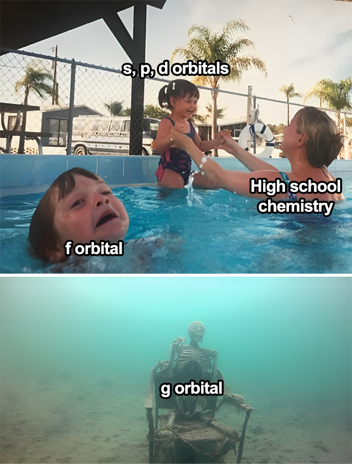 Kids in a pool labeled with chemistry orbital names, a humorous science meme referencing difficulty levels.