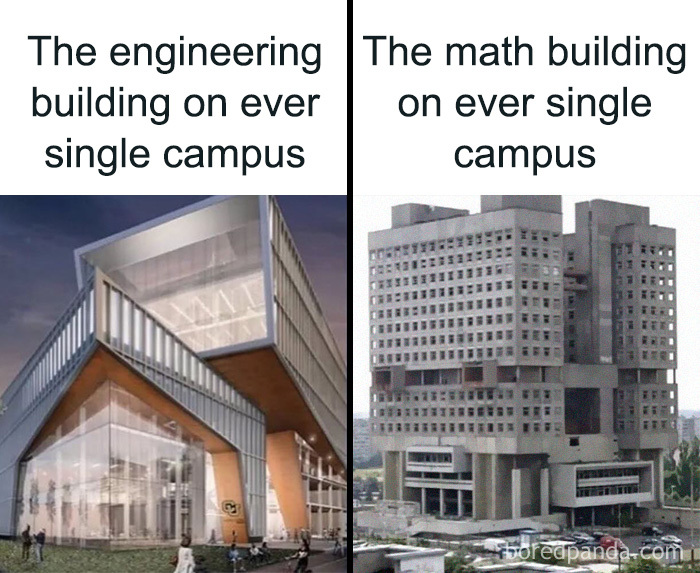 Science memes comparing engineering and math buildings on campus.