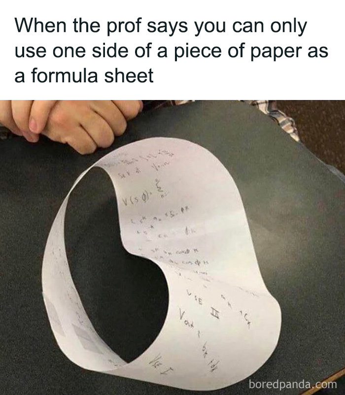 Creative science meme with a Möbius strip paper used as a formula sheet.