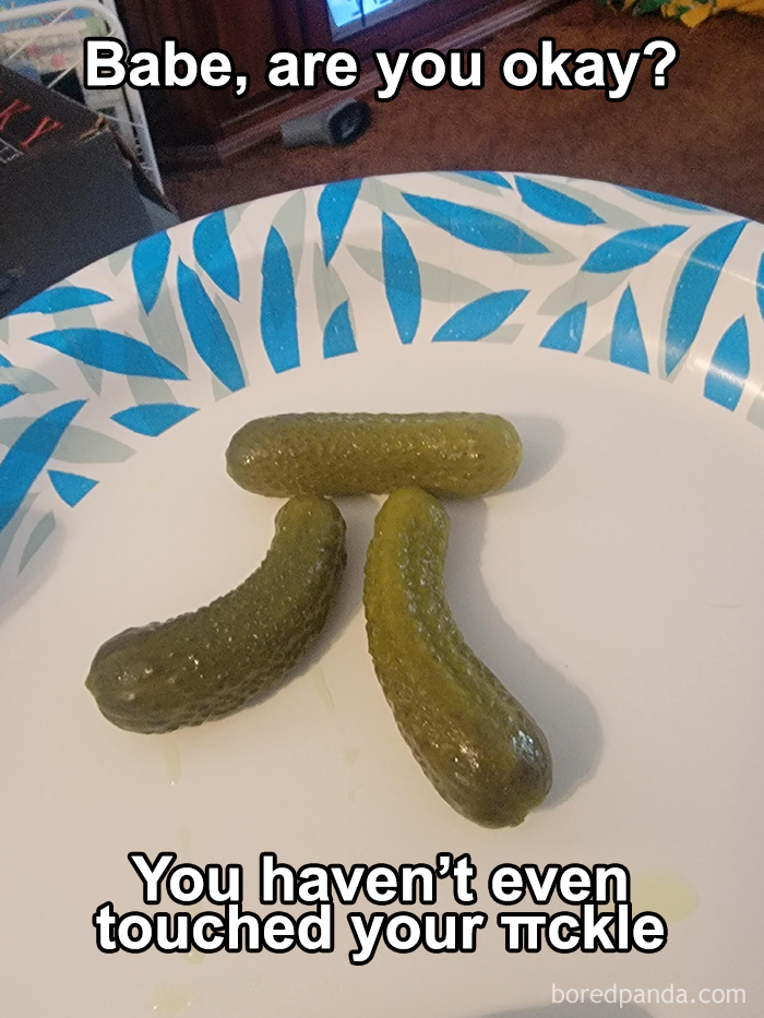 Pickles arranged humorously on a paper plate with text joke; part of a science memes collection.