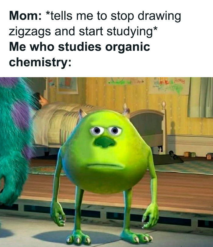 Cartoon character with a blank expression, illustrating a funny science meme about organic chemistry.