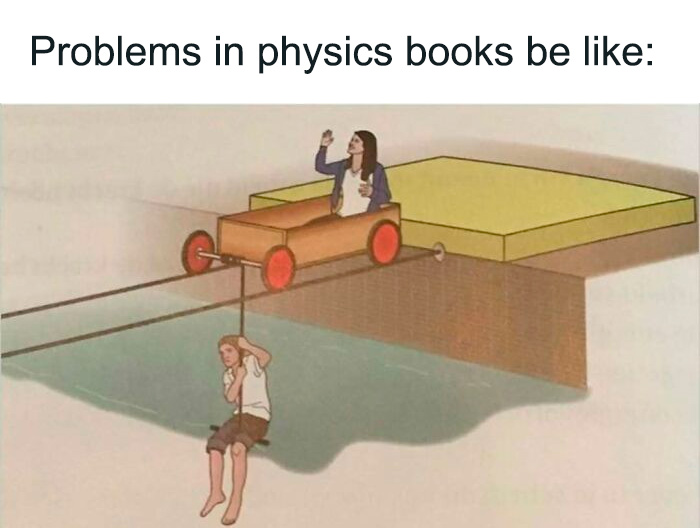 A science meme illustrating a humorous and exaggerated physics problem, featuring a cart on a bridge and a person hanging under.