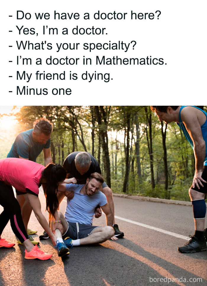 Science memes: A group helps a man on the ground; humorous dialogue about a math doctor unfolds above.