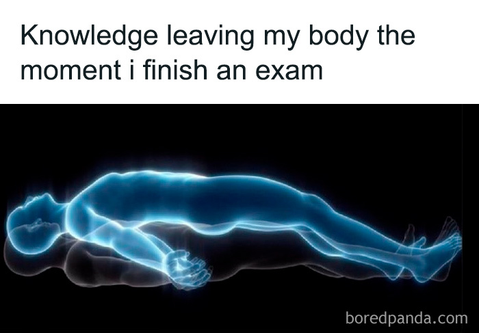 A glowing human outline humorously depicting knowledge leaving after an exam, related to science memes.