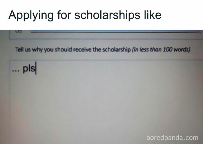 University life meme showing scholarship application with humorous response "pls."