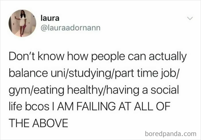 Student meme humorously describing the struggle of balancing university life, work, and social activities.