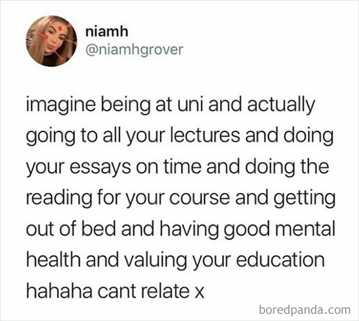 Text meme about university life: imagining perfect academic habits and mental health but can't relate.