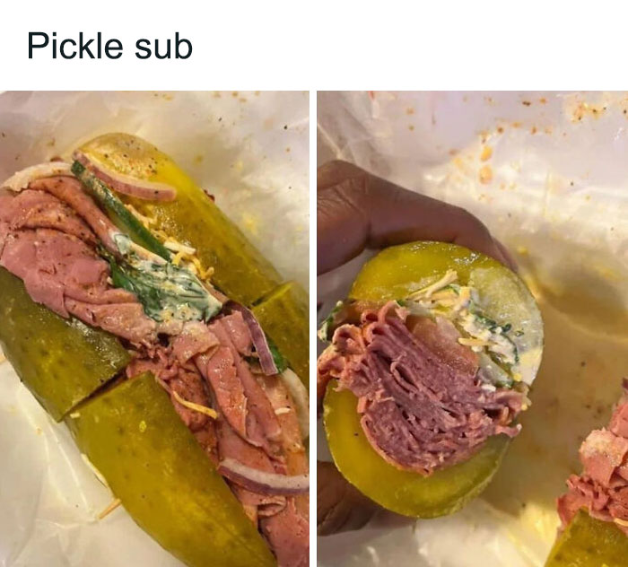 A pickle sub filled with deli meats and vegetables, showcasing bizarre and unexpected food combinations.