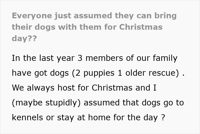 Family discussion text about hosting Christmas without three uninvited dogs.