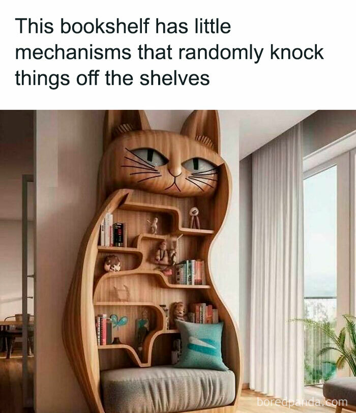 Cat-shaped bookshelf with a cozy seat, featuring funny cat design elements in a modern living room.