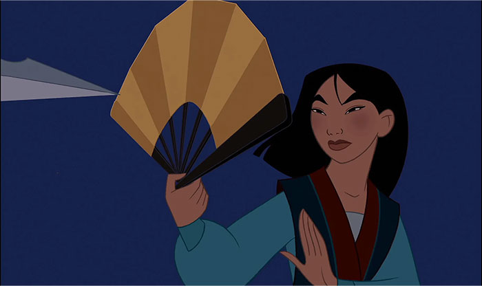 Animated strong female protagonist holding a fan confidently.