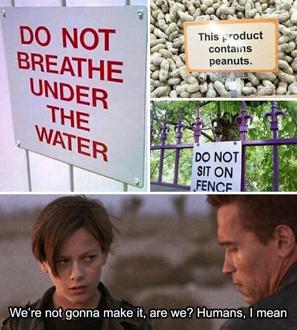 Collage of absurd signs, like "Do Not Breathe Under Water," with humorous movie scene caption about human survival.