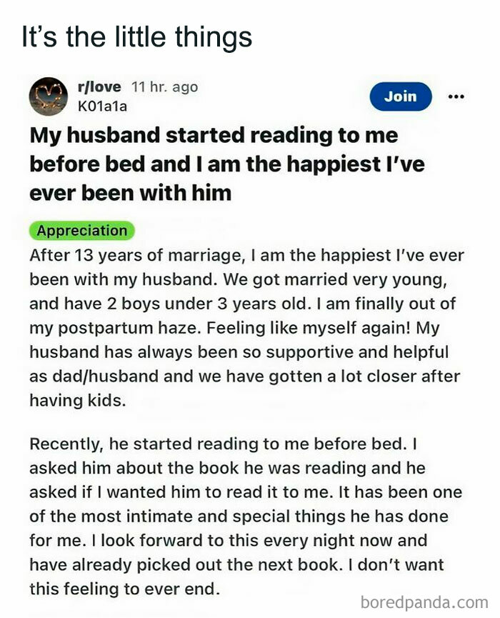 Reddit post about a husband reading to his wife, highlighting the joy and intimacy in their relationship.