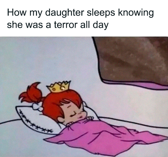 Child sleeping peacefully in a crown, humorously showcasing parenting chaos in a meme.