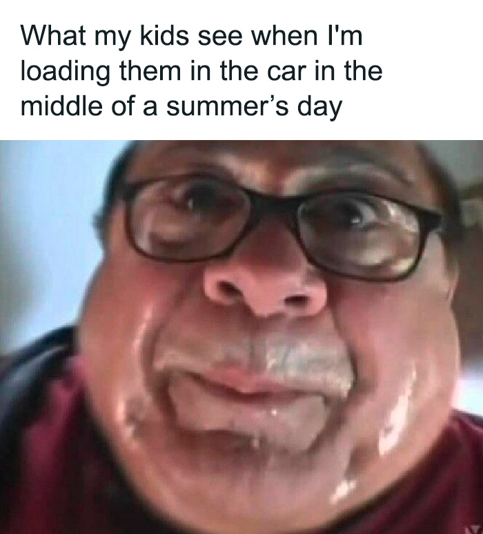 Sweaty parent meme humorously depicting the chaos of raising kids in the summer heat.