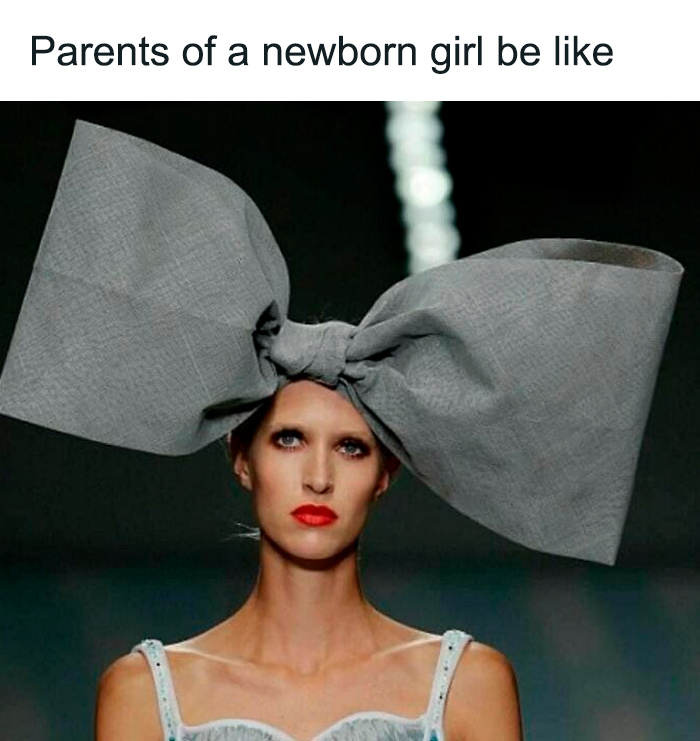 A woman in a huge bow, humorously capturing the chaos of parenting in memes.