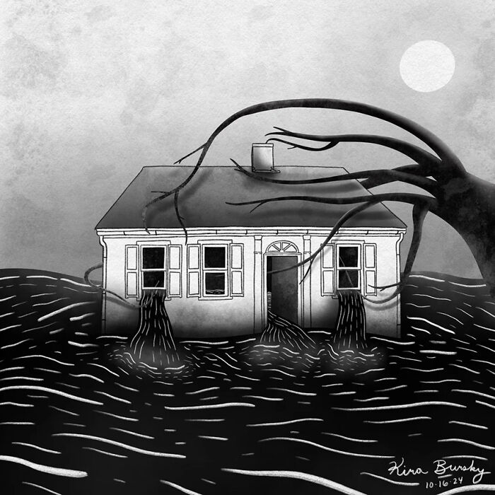 Illustration of a house with stormy waves and a tree, inspired by Hurricane Helene.