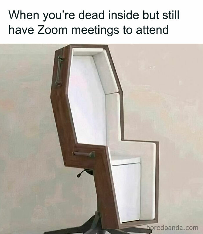 Coffin-shaped office chair representing a humorous work meme about Zoom meetings.