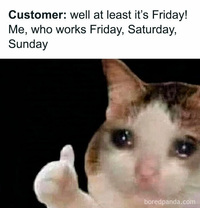 Cat meme showing a sad expression with a thumbs up, reacting to working over the weekend. Work memes for colleagues.