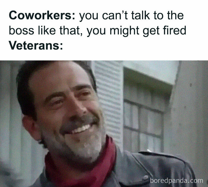 Smiling man in a work meme about talking to the boss, illustrating workplace humor.