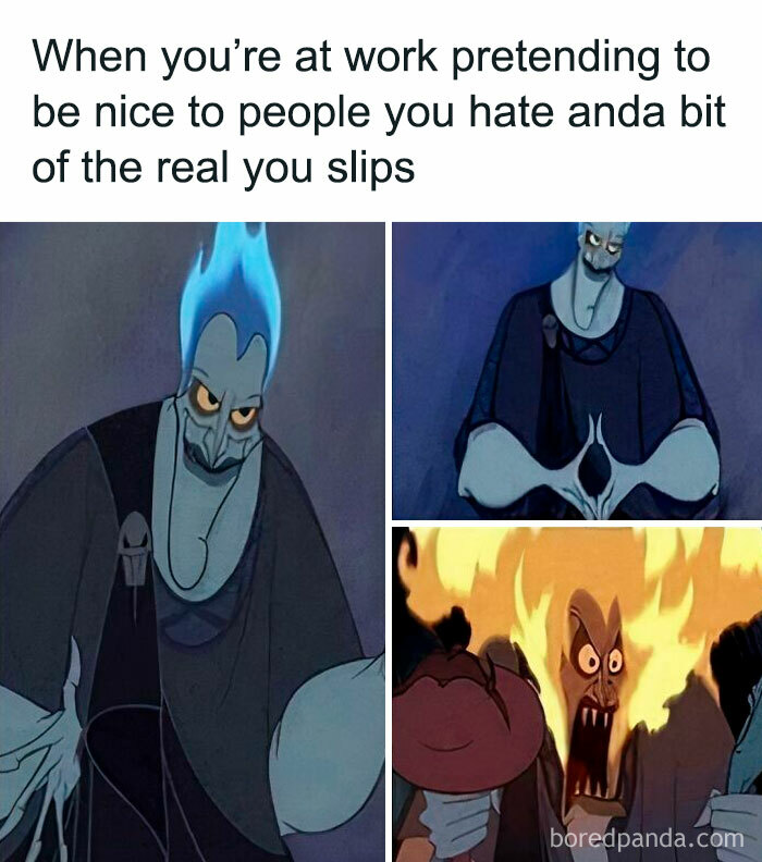 Cartoon character with fiery blue hair showing frustration, illustrating a relatable work meme.