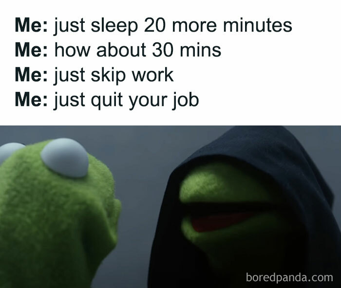 Kermit the Frog meme humorously debating whether to skip work, ideal for sharing with colleagues.