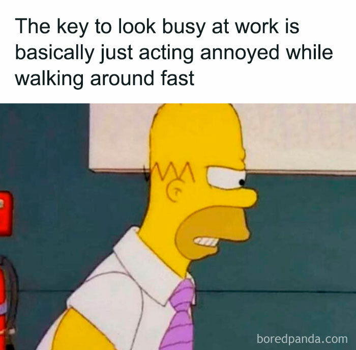 Cartoon character looking annoyed, wearing a shirt and tie, illustrating a funny work meme about acting busy.