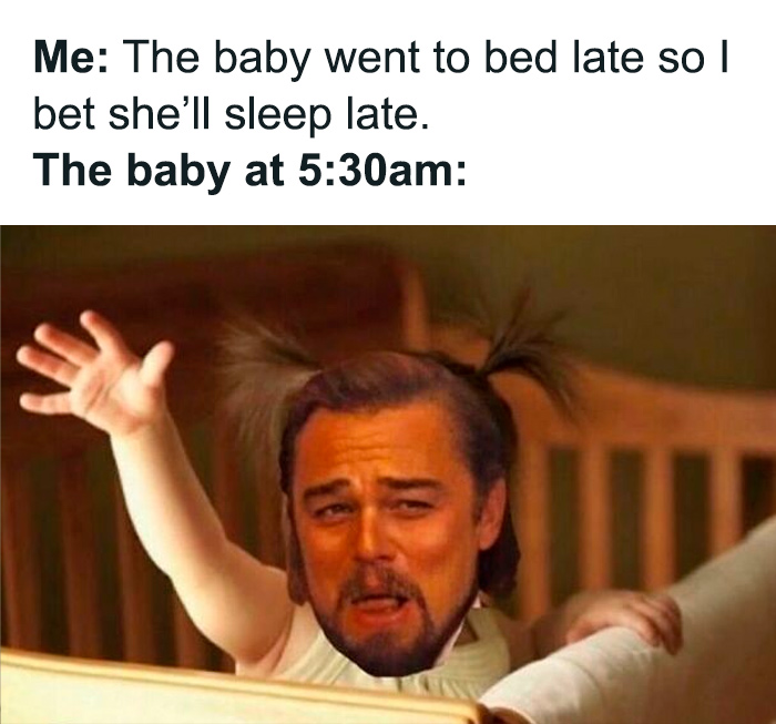 Meme of baby with adult face, humorously depicting the chaos of raising kids.