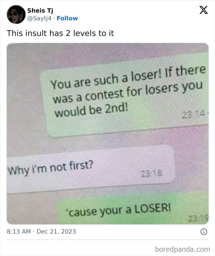 Text conversation joke highlighting a funny post with a two-level insult.