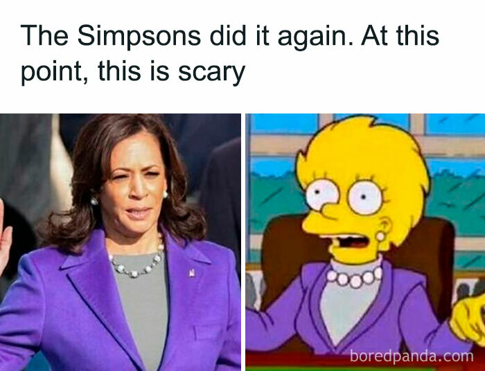 Funny post comparing real person and Simpsons character in similar outfits.