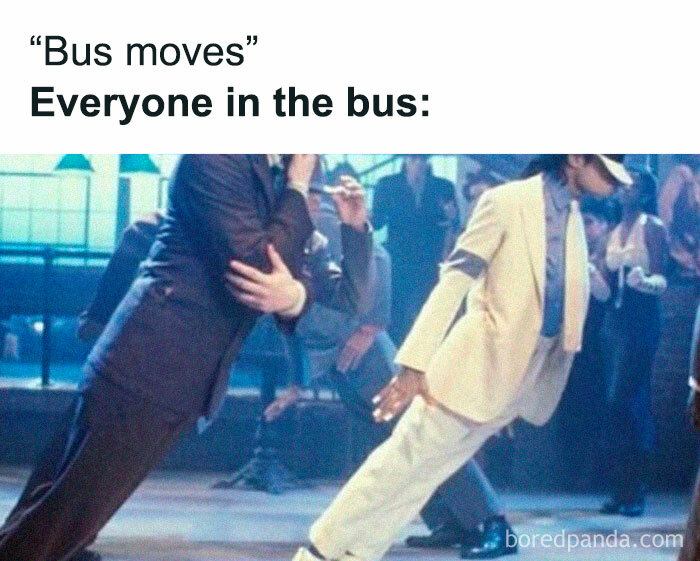 Funny post showing people in suits leaning forward dramatically, mimicking bus movement.