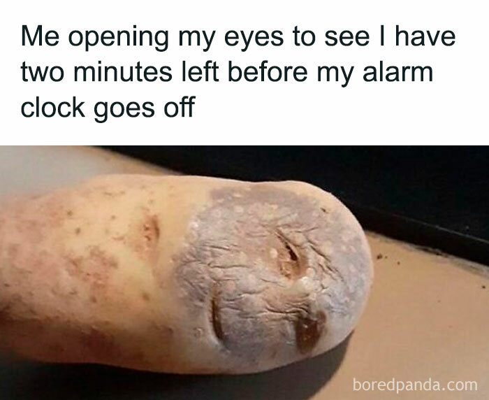 A potato resembling a sleepy face, humorously captioned about waking up two minutes before the alarm goes off.