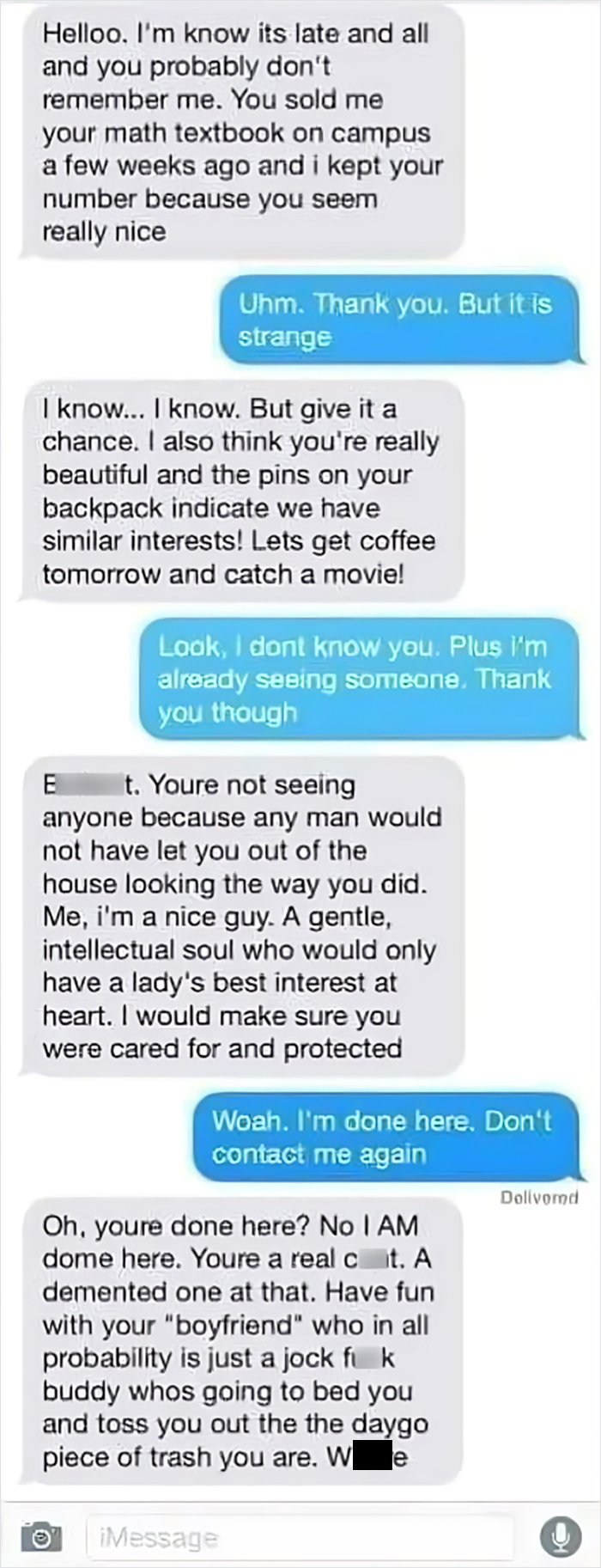 Text message conversation highlights infuriating men approaching women with unwanted persistence.