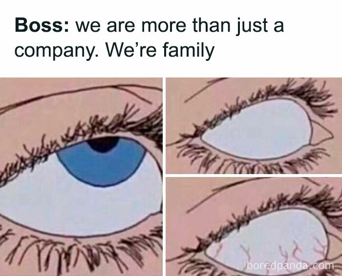 Work meme depicting an eye roll response to a boss saying, "We are more than just a company, we're family."