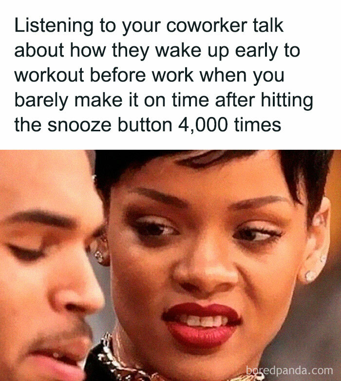 Woman in red lipstick giving a skeptical look at man, humorous work meme about waking up early for exercise.