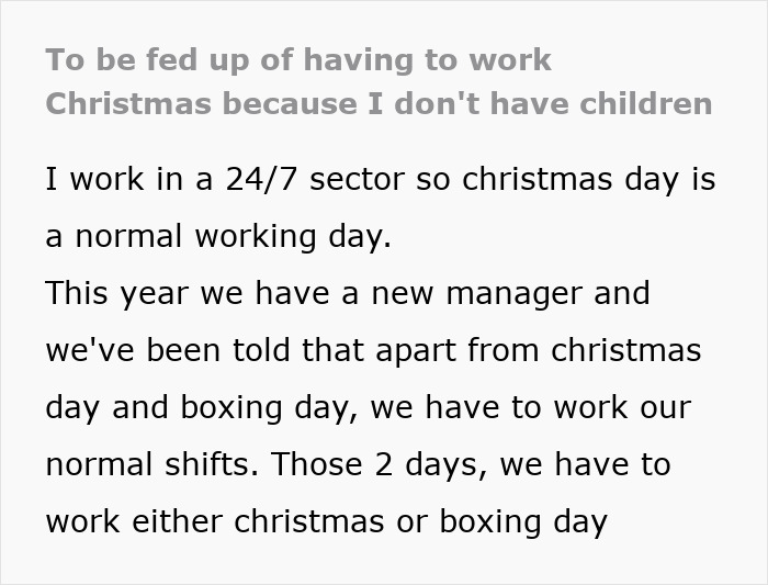 Woman Calls Out Discrimination After She’s Forced To Cover For Colleagues With Kids On Xmas