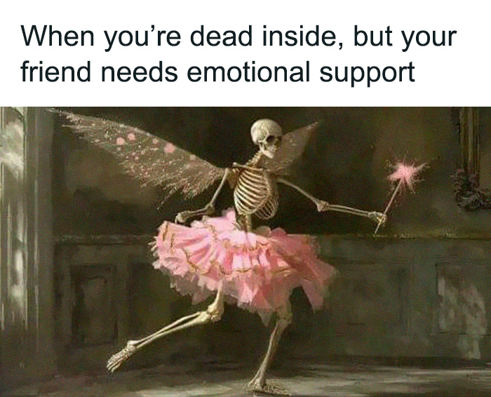 Skeleton in a pink tutu with wings, holding a wand, captioned with a humorous text on emotional support, perfect spicy brain meme.