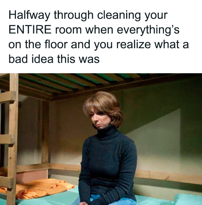 Woman sitting on bunk bed looking overwhelmed; a meme perfect for anyone with a spicy brain.