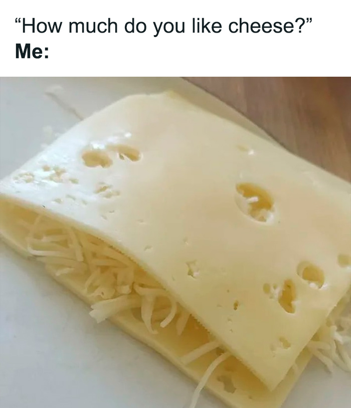 Cheese meme with grated cheese sandwiched between slices, humor for spicy brain enthusiasts.