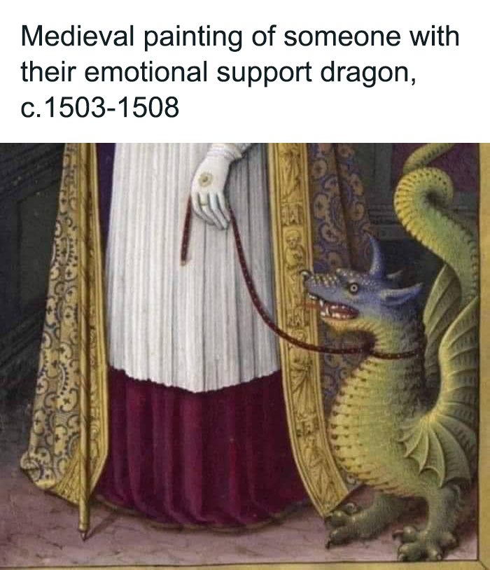 Medieval art depicts a person with a dragon on a leash, highlighting a humorous and spicy brain concept.