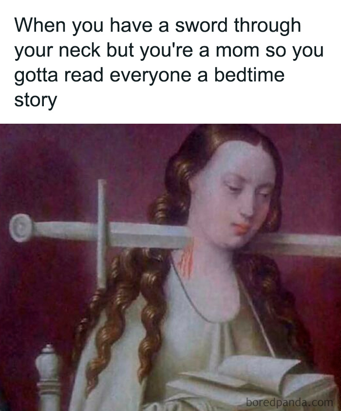 A humorous meme showing a woman with a sword through her neck, depicting the chaos of parenting.