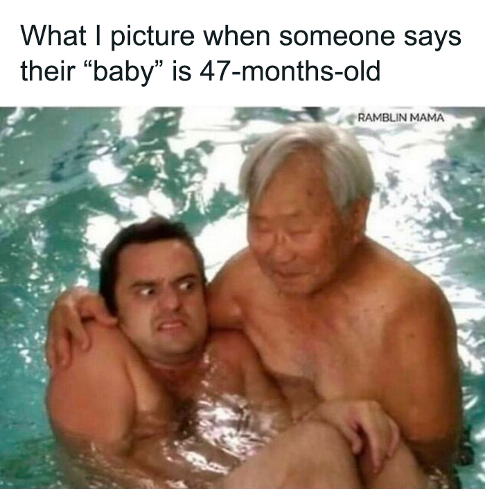 Humorous meme depicting chaos of parenting with an elderly man and a younger man in a pool, caption about baby's age in months.