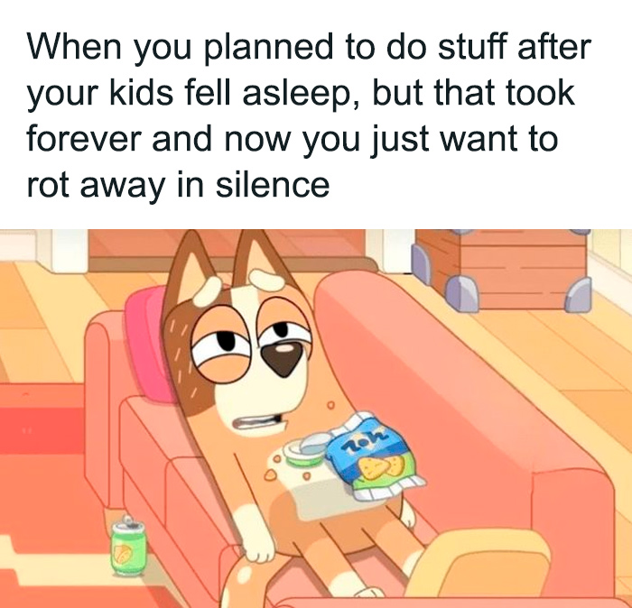 Cartoon dog parent on a couch with snacks, humorously capturing the chaos of raising kids.