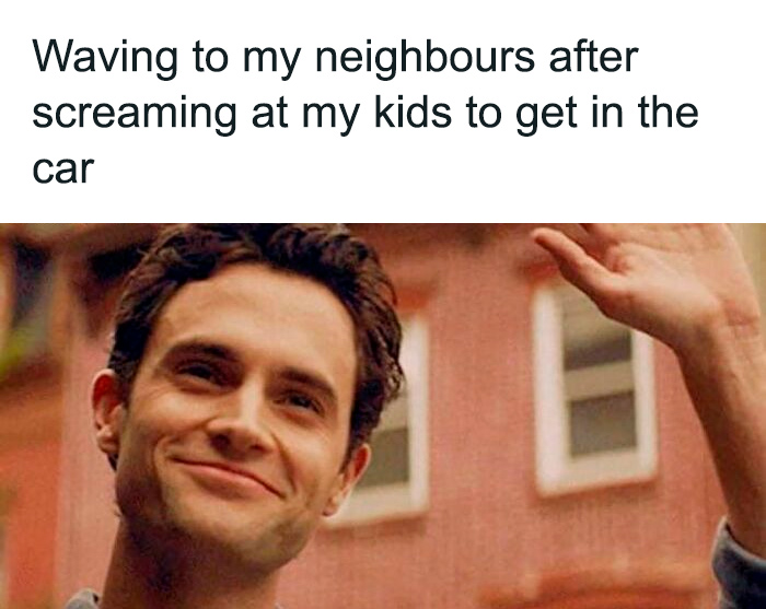 Man waving humorously after yelling at kids, exemplifying parenting chaos memes.