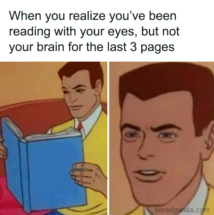 Man with a "spicy brain" meme, confused while reading a book, realizing lack of focus.