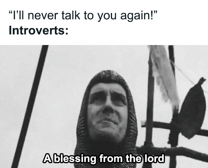 Medieval knight meme humorously depicting introverts with a "spicy brain" reaction to social interactions.